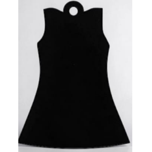 Black sleeveless A-line dress silhouette with a circular loop at the neckline on a white background