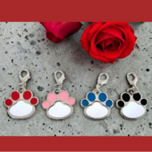 Four paw-shaped keychains with colored pads (red, pink, blue, black) on a speckled concrete surface, with red roses above them.