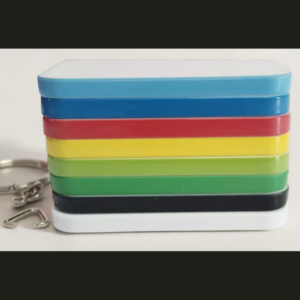 Colorful stackable key organizer with metal rings on the left, featuring several colored slats stacked together like a card holder.