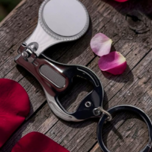 Silver handheld mirror with a white handle on a weathered wooden surface, surrounded by pink rose petals.