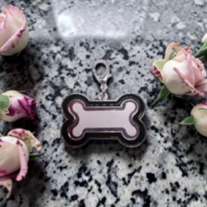 Bone-shaped dog tag on a speckled granite surface, surrounded by pink roses.