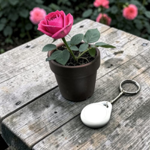 Pink rose in a black pot on a weathered wooden table beside a white retractable tape measure.