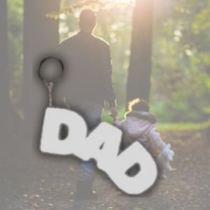 Man and child walking hand in hand through a sunlit park, with a large white 'DAD' graffiti overlay in the foreground.