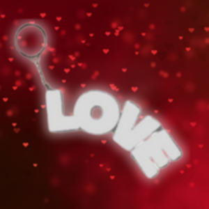 Glowing white 'LOVE' attached to a ring on a red, heart-filled background, conveying romance and affection.