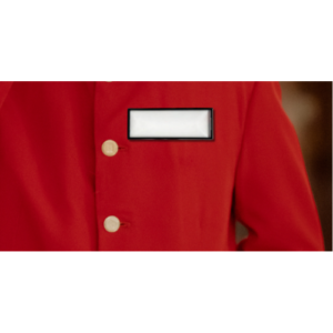 Close-up of a red uniform with two gold buttons and a blank name badge pocket.