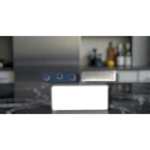 Close-up of two metal control panels on a modern kitchen appliance with a blurred kitchen background.