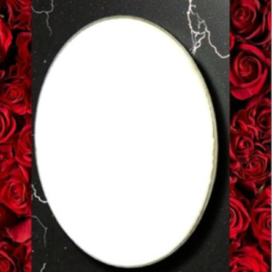 White oval on a black marbled background with subtle cracks, framed by red rose borders.
